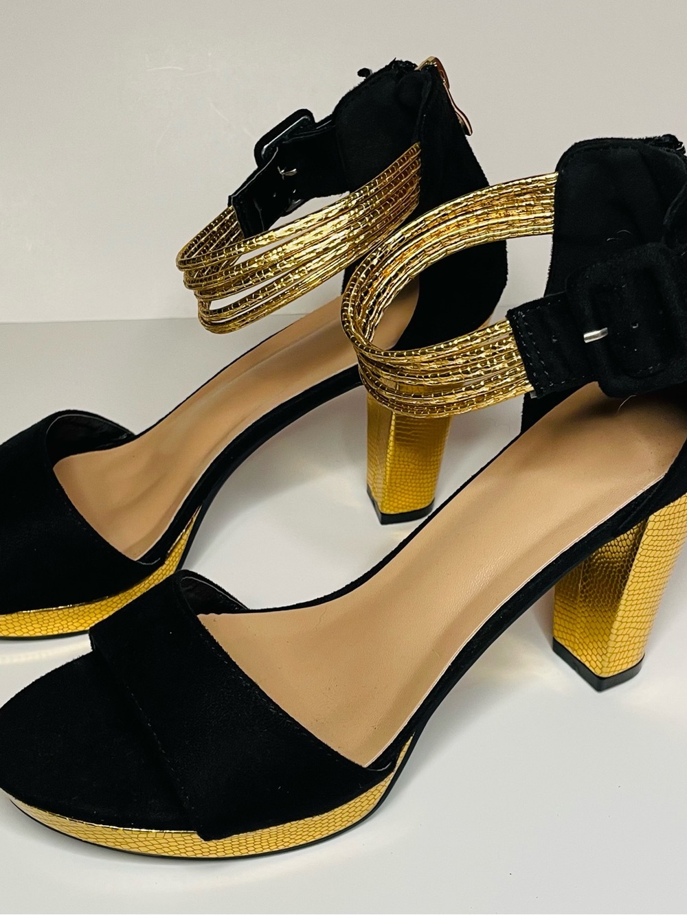 SHEIN Black and Gold Block Heel Ankle-Strap Sandals